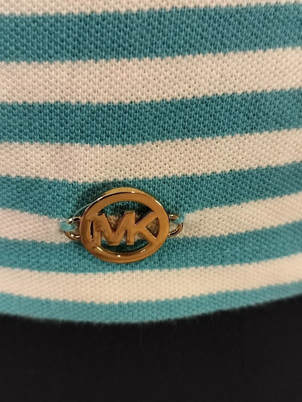Michael Kors Teal and White Striped Tie-Neck Short Sleeve Top